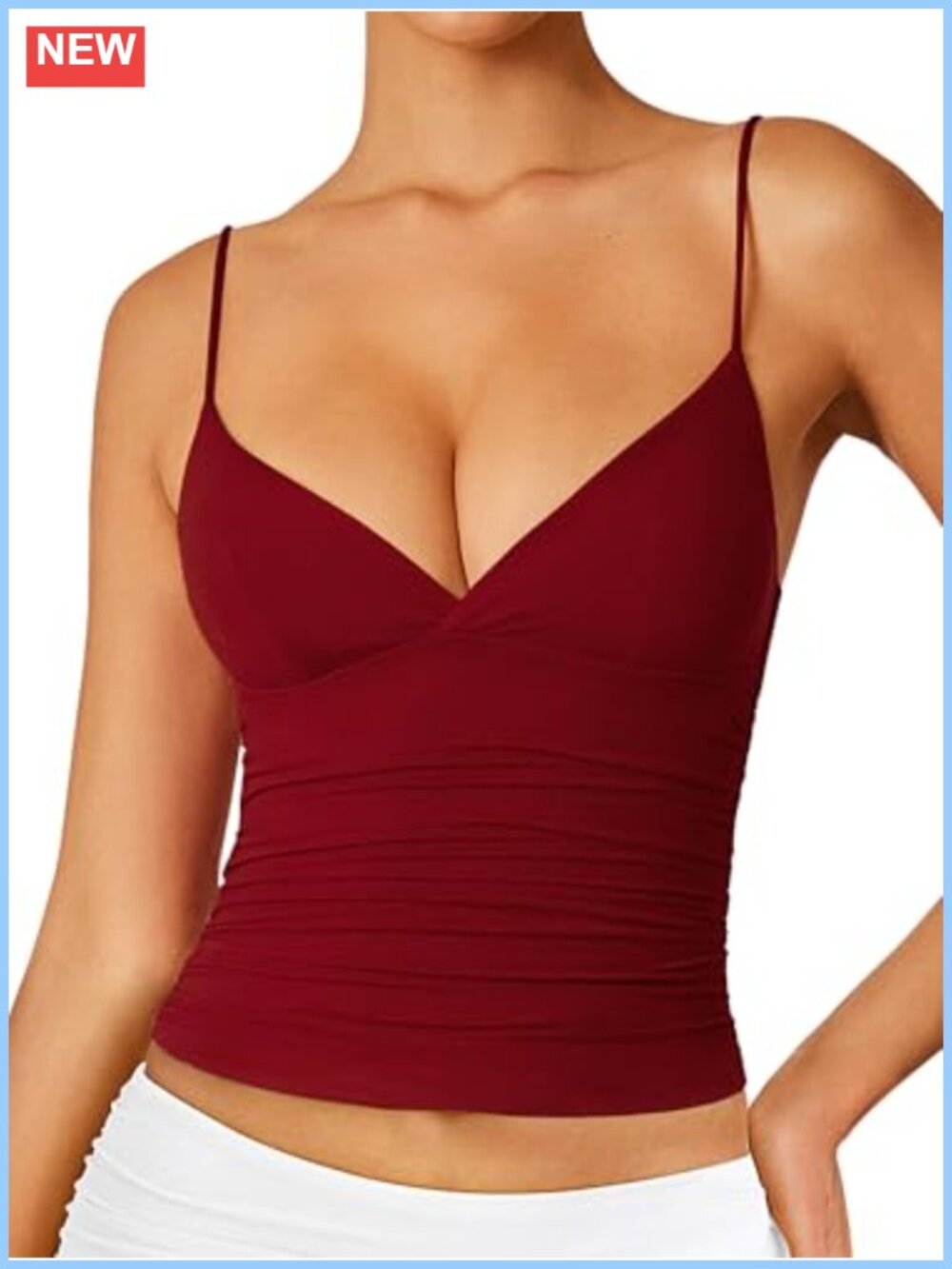 Sexy V Neck Ruched Spaghetti Strap Crop Top Slim Fit Double Lined